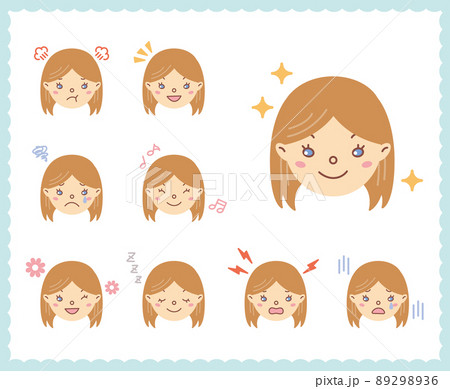 女性の喜怒哀楽の感情　顔アイコン　セット64 89298936