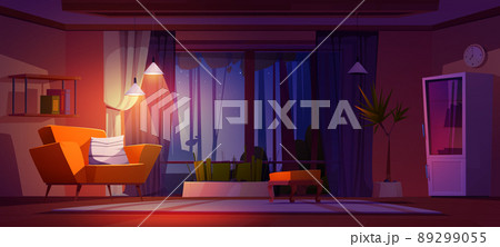 Night Living room interior with panoramic windows 89299055