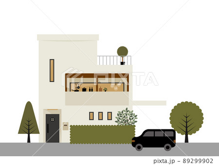 二階建てのおしゃれな注文住宅のフラットイラスト 二階建てのおしゃれな注文住宅のフラットイラスト 89299902