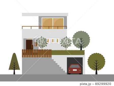 掘り込み式駐車場のある二階建て住宅・玄関・屋根付きフラットイラスト 掘り込み式駐車場のある二階建て住宅・玄関・屋根付きフラットイラスト 89299920