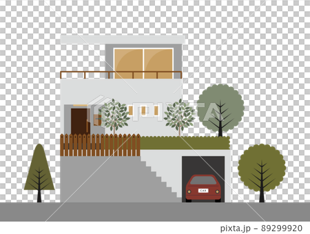 掘り込み式駐車場のある二階建て住宅・玄関・屋根付きフラットイラスト 掘り込み式駐車場のある二階建て住宅・玄関・屋根付きフラットイラスト 89299920