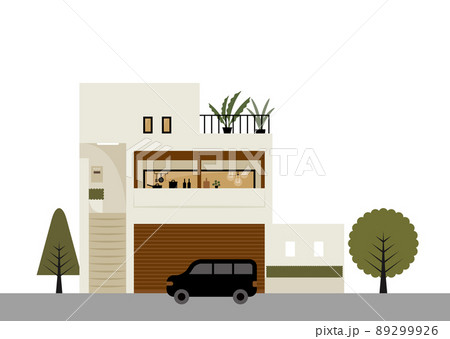玄関が二階にあるモダン住宅・二階建てフラットイラスト素材(ホワイト) 玄関が二階にあるモダン住宅・二階建てフラットイラスト素材(ホワイト) 89299926