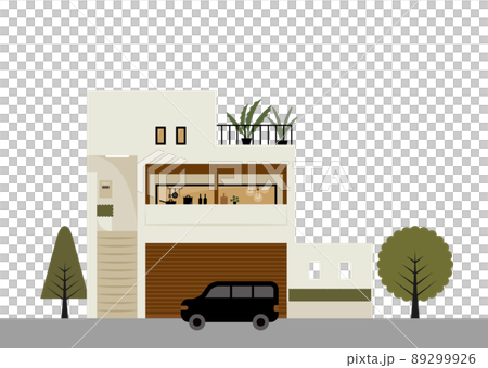 玄関が二階にあるモダン住宅・二階建てフラットイラスト素材(ホワイト) 玄関が二階にあるモダン住宅・二階建てフラットイラスト素材(ホワイト) 89299926