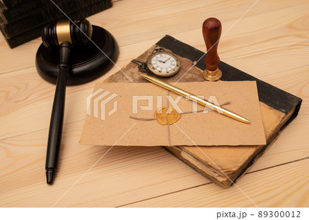 Vintage stamp, envelope and testament. Notary public tools 89300012