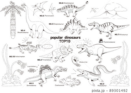 ジュラ紀と白亜紀の人気のある恐竜達の線画 89301492