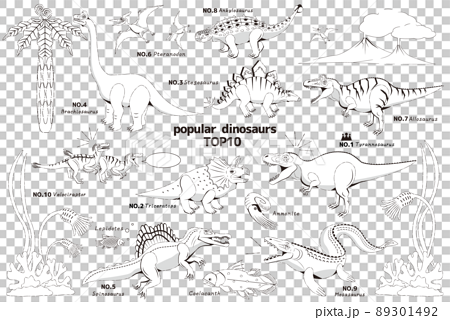 ジュラ紀と白亜紀の人気のある恐竜達の線画 89301492