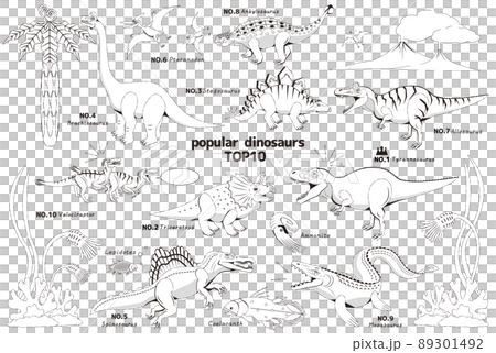 ジュラ紀と白亜紀の人気のある恐竜達の線画 89301492