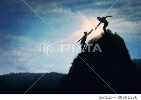 Conceptual painting with two friends climbing a mountain together, helping each other to reach the top peak. Climbers silhouettes hiking on a cliff. Friendship concept, inspirational teamwork scene 89301526