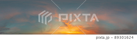 Dark blue sunset sky panorama with Cirrus clouds. Seamless hdr pano in spherical equirectangular format. Complete zenith for 3D visualization, game and sky replacement for aerial drone 360 panoramas. 89301624