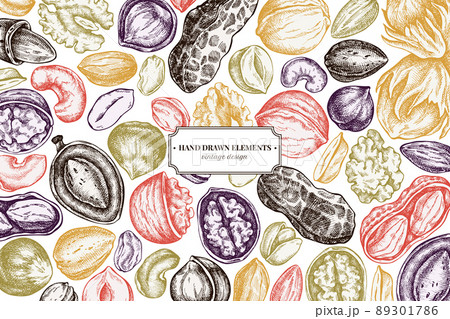 Design with pastel colored cashew, peanut, pistachio, etc. Design with pastel colored cashew, peanut, pistachio, etc. 89301786