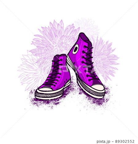 Violet sneakers with flowers. T-shirt print. Vector illustration 89302552