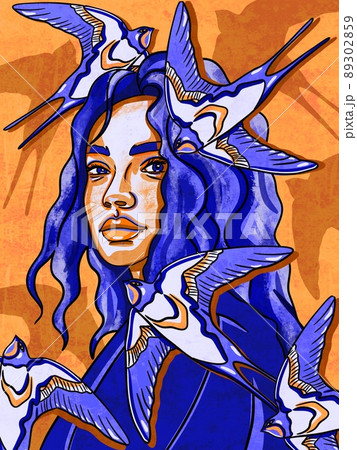 A lady with swallows. Abstract Modern Woman Portrait. Women empowerment. Minimalist Female simple contemporary art. Vivid colors, Floral Hand Drawn Femile poster card, logo, template A lady with swallows. Abstract Modern Woman Portrait. Women empowerment. Minimalist Female simple contemporary art. Vivid colors, Floral Hand Drawn Femile poster card, logo, template 89302859
