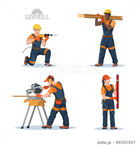 Isolated sawmill workers. Construction industrial scene. Builder use a hand tool. Contractor ocupation. Carpenters in orange uniform at workshop 89302937