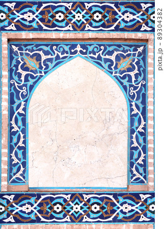 Detail of traditional persian mosaic wall with geometrical and floral ornament, Iran. Vertical frame with ceramic tile 89304382