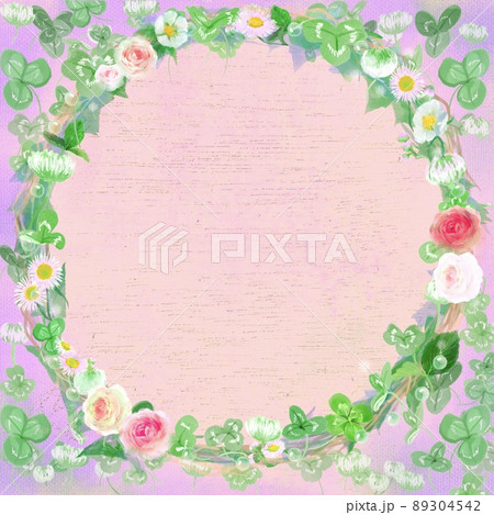 四葉のクローバーとシロツメクサとミニ薔薇の水彩画風カードフレームのイラスト素材 [89304542] - PIXTA