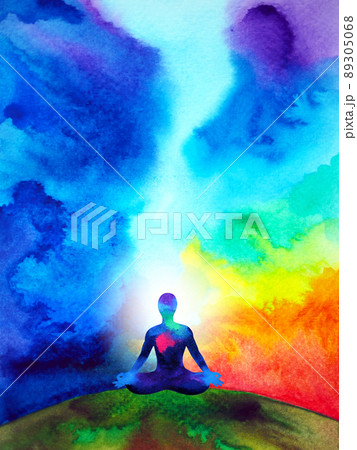 human meditate mind mental health yoga chakra spiritual healing abstract energy meditation connect the universe power watercolor painting illustration design drawing art 89305068