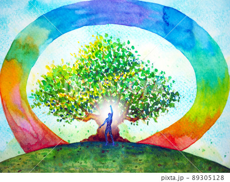 human meditate mind mental health yoga chakra spiritual healing abstract energy meditation connect the universe power watercolor painting illustration design drawing art 89305128