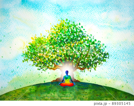 human meditate mind mental health yoga chakra spiritual healing abstract energy meditation connect the universe power watercolor painting illustration design drawing art 89305145