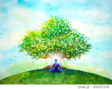 human meditate mind mental health yoga chakra spiritual healing abstract energy meditation connect the universe power watercolor painting illustration design drawing art 89305146
