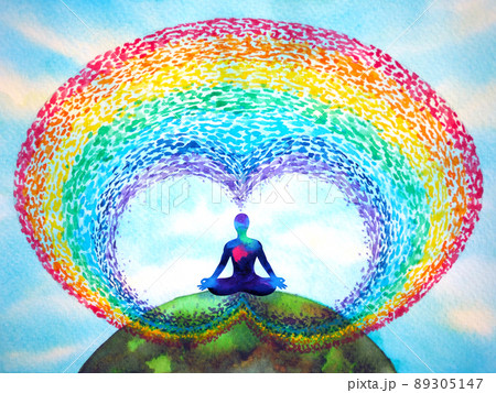 human meditate mind mental health yoga chakra spiritual healing abstract energy meditation connect the universe power watercolor painting illustration design drawing art 89305147
