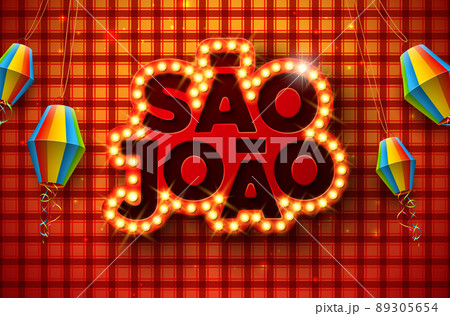 Festa Junina Illustration with Light Bulb Billboard Letteing and Paper Lantern on Red Checkered Background. Vector Brazil June Sao Joao Festival Design for Greeting Card, Banner or Holiday Poster. Festa Junina Illustration with Light Bulb Billboard Letteing and Paper Lantern on Red Checkered Background. Vector Brazil June Sao Joao Festival Design for Greeting Card, Banner or Holiday Poster. 89305654