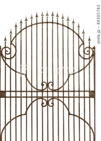 Rusty Wrought Iron Gate with Sharp Points Isolated on White Background Rusty Wrought Iron Gate with Sharp Points Isolated on White Background 89305783