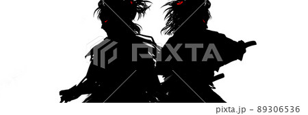 戦国時代斬りかかる若侍たちの殺陣決闘シーン切り絵風モノクロシルエットイラストのイラスト素材