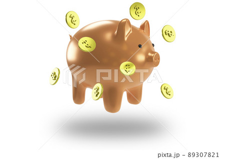Hovering Piggy bank with falling dollar coins. 3d rendering. 89307821