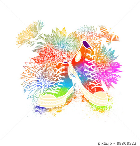 colorful sneakers with flowers and butterflies. T-shirt print. Vector illustration colorful sneakers with flowers and butterflies. T-shirt print. Vector illustration 89308522