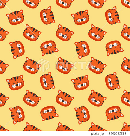 Seamless pattern with cute tiger in childish style with smile muzzle and eyes on yellow background. Funny print of wild animal with happy face. Vector flat illustration for holidays 89308553