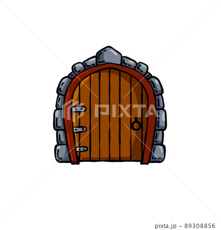 Old wooden door of castle. Ancient entrance to fortress or house. Cartoon scenery. Gate to dungeon. Door with arch and doorway. Hand drawn outline illustration 89308856