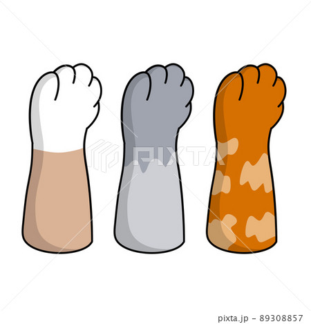 Set of different paw. Cat hands of different colors. Collection of breeds of Pets. Spots and stripes. Cartoon flat illustration. White, black, red, grey animal with fur 89308857