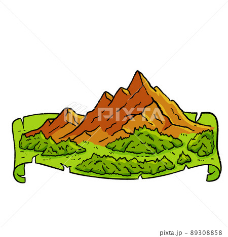 Mountains in engraving style. Landscape on map. Rocky peak and nature. Retro travel and hike in highlands. Medieval old manuscript 89308858