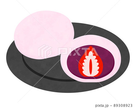 いちごだいふく　灰色のお皿　水彩風 89308923