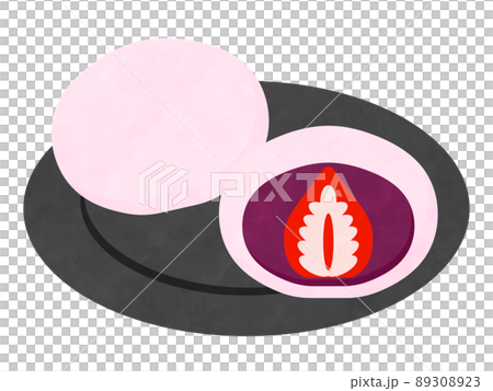 いちごだいふく　灰色のお皿　水彩風 89308923