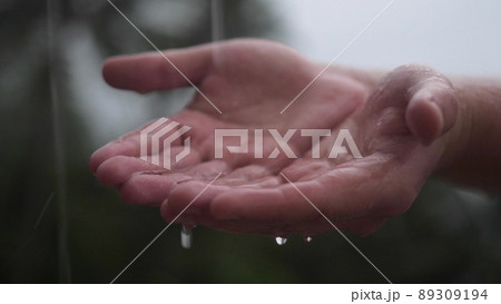 Rain water drop to the hands man with green nature on background, environment recovery Rain water drop to the hands man with green nature on background, environment recovery 89309194