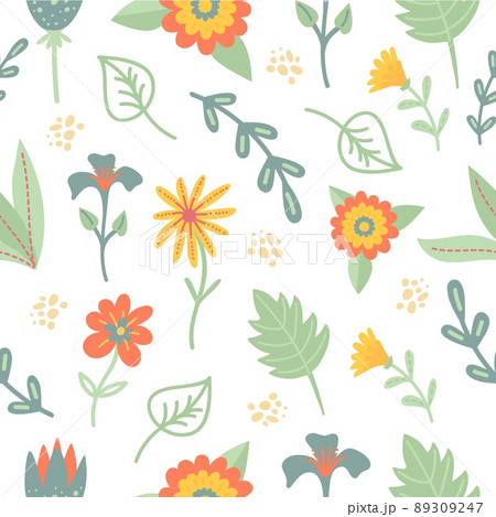 Aesthetic floral seamless pattern. Eclectic flowers decor, minimal cute print with drawing leaves. Abstract amazing scandi boho neoteric vector background 89309247