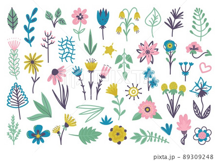 Scandinavian color floral elements. Doodle flowers branches abstract design. Isolated flat wreath laurel summer objects. Colorful neoteric vector drawing clipart 89309248