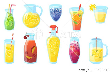 Summer fresh drinks. Tropical flavor juice, ice tea and citrus lemonade in bottle glasses or jar. Alcoholic fruit beach beverages, neoteric vector cartoon signs 89309249