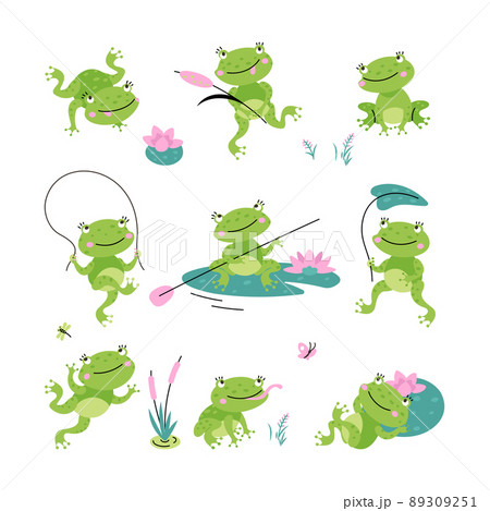 Cartoon frogs. Green cute frogs, lake or pond... - Stock Illustration  [89309251] - PIXTA
