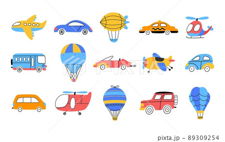 Isolated children transport. Cartoon kids airplane, cars and hot air balloons. Flat vehicles clipart, auto and aircraft. Nowaday transportation vector set Isolated children transport. Cartoon kids airplane, cars and hot air balloons. Flat vehicles clipart, auto and aircraft. Nowaday transportation vector set 89309254
