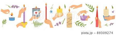 Candle in hands. Candles flame, meditation or memorial elements. Relaxation and rest, cozy aromatherapy at home. Flat wax candlelight decent vector set 89309274