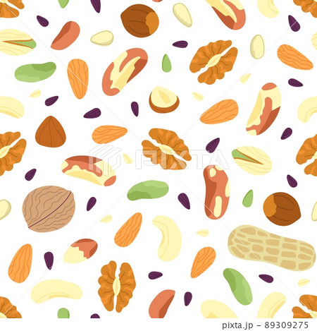 Nuts seamless pattern. Abstract mix seeds, raw ingredients, dried fruits and nut. Fresh vegan food print, beans, hazelnut decent vector background Nuts seamless pattern. Abstract mix seeds, raw ingredients, dried fruits and nut. Fresh vegan food print, beans, hazelnut decent vector background 89309275