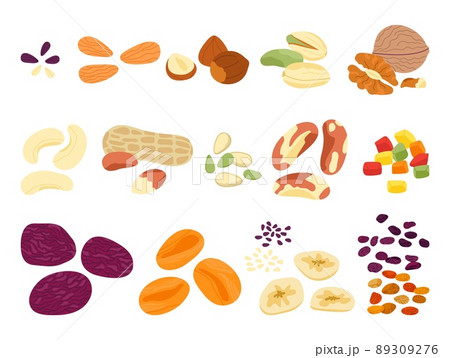 Dried fruits nuts and seed. Crunchy snack mix, various natural food, nuts and sunflower seeds. Different chips, almond, pistachio, cereal decent vector set Dried fruits nuts and seed. Crunchy snack mix, various natural food, nuts and sunflower seeds. Different chips, almond, pistachio, cereal decent vector set 89309276