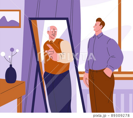 Advice young from old. Man looking at mirror and see yourself senior in future. Lifetime metaphor, self realization and support. Psychology kicky vector concept 89309278