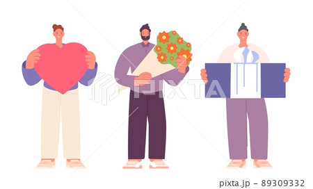 Men holding heart, present box and flower bouquet. Congratulation male characters, greetings to birthday, woman day or romantic dating. Vector cartoon isolated boys Men holding heart, present box and flower bouquet. Congratulation male characters, greetings to birthday, woman day or romantic dating. Vector cartoon isolated boys 89309332