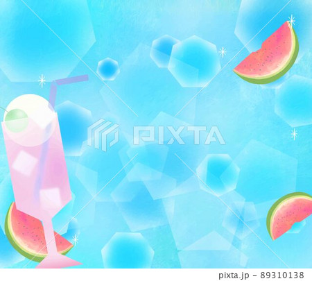 バニラアイスとチェリーのピンク色リームソーダとスイカの夏の涼しいおしゃれな水色背景素材イラストのイラスト素材