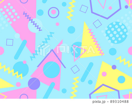 Memphis seamless pattern with geometric shapes in 80s and 90s style. Geometric shapes of different shapes and colors. Design of promotional products, wrapping paper and printing. Vector illustration Memphis seamless pattern with geometric shapes in 80s and 90s style. Geometric shapes of different shapes and colors. Design of promotional products, wrapping paper and printing. Vector illustration 89310488