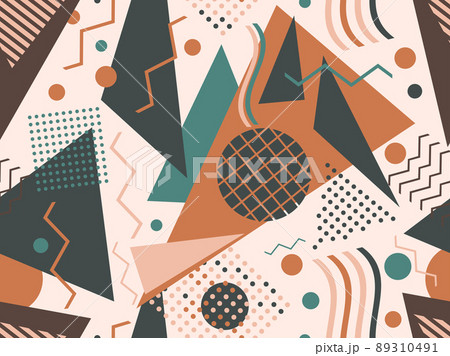 Memphis seamless pattern with geometric shapes in 80s and 90s style. Geometric shapes of different shapes and colors. Design of promotional products, wrapping paper and printing. Vector illustration 89310491