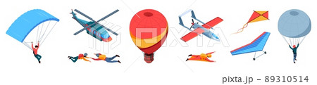 Air adventure. Hang gliders air balloons parachuting tandem jumpers garish vector flying travellers Air adventure. Hang gliders air balloons parachuting tandem jumpers garish vector flying travellers 89310514
